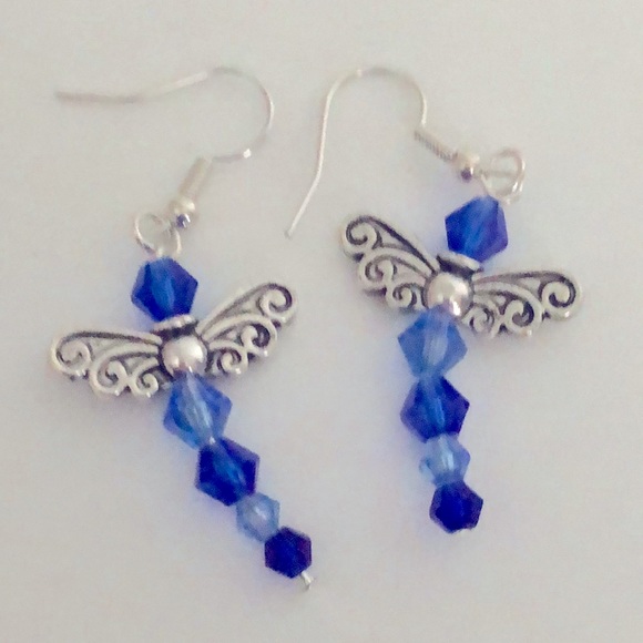 New Glass Crystal Sparkling Royal Blue Dragonfly Hand Beaded Artisan Earrings - Picture 2 of 4